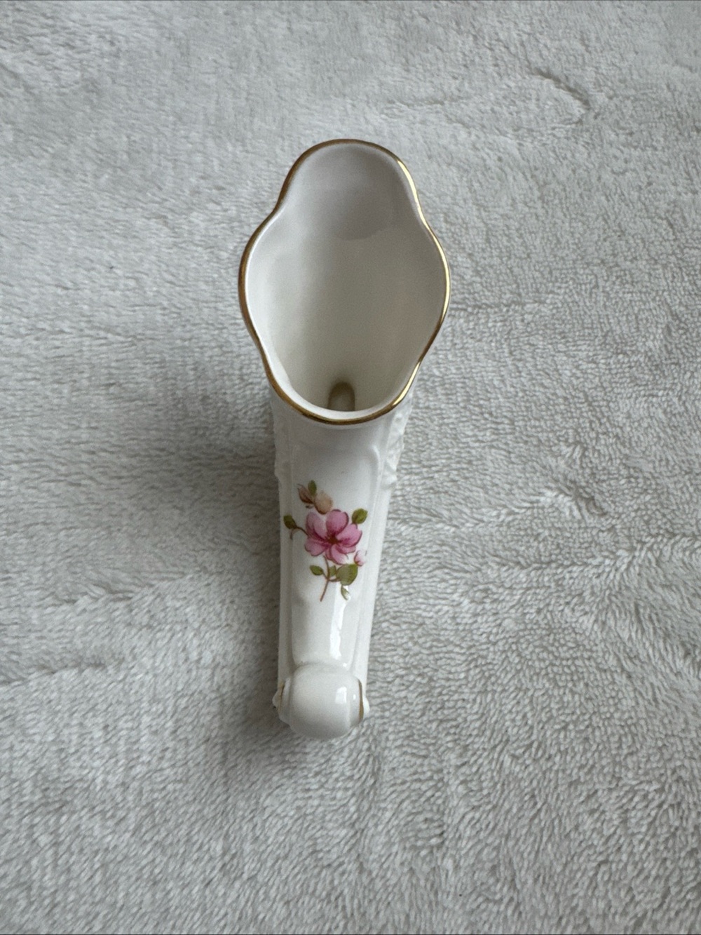 Lindner Handarbeit W Germany Cornucopia Horn Vase Bud Vase Pink Floral Gold Trim